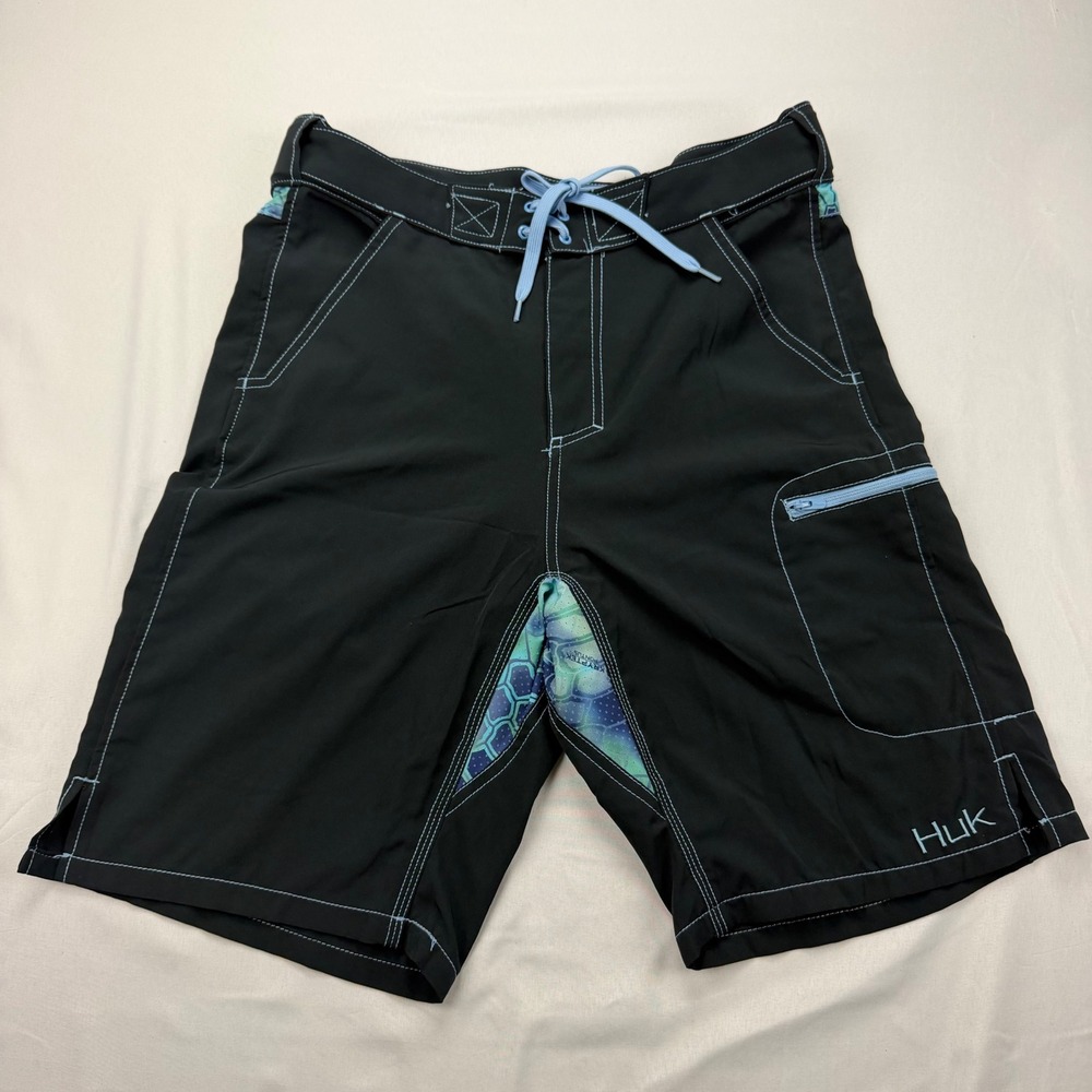 Huk Board Shorts Mens Size S Black Fishing Swim Trunks Kryptek Camo Pockets